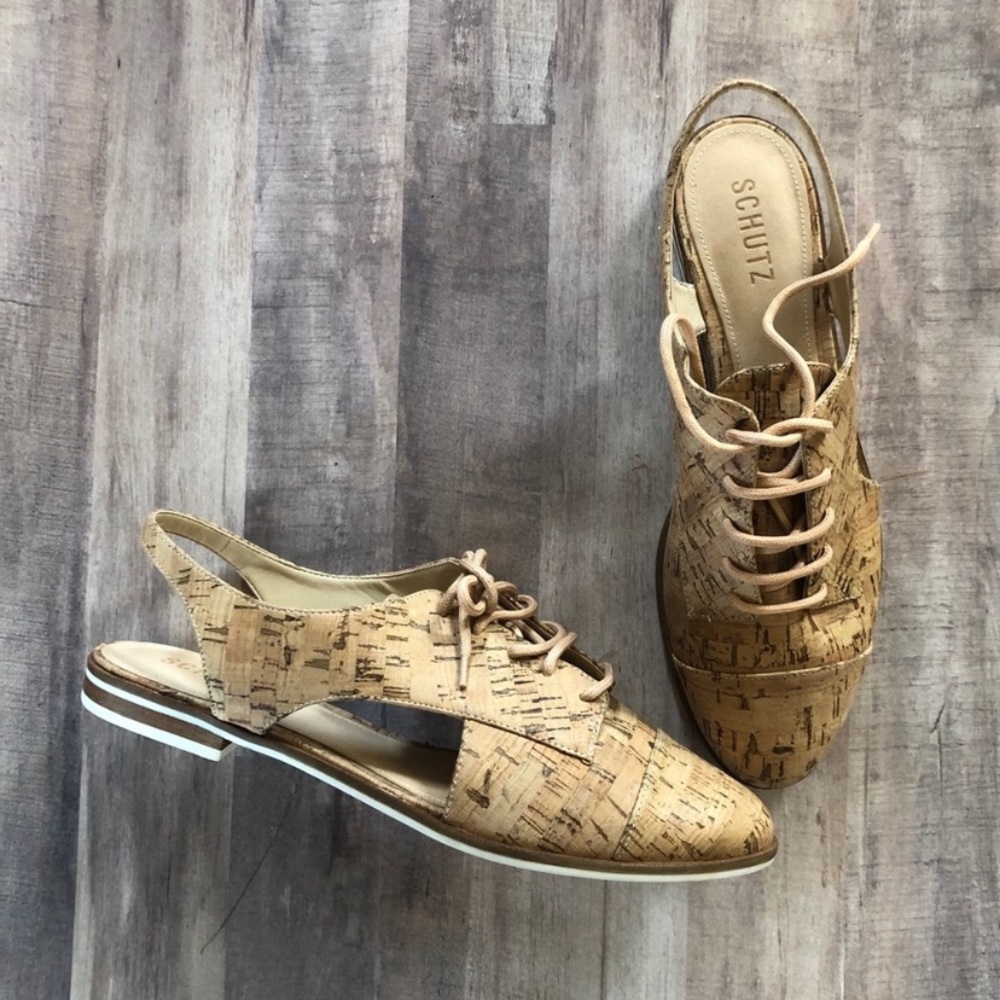 SCHUTZ Cork Lace-Up Slingback Flats in Natural Tan